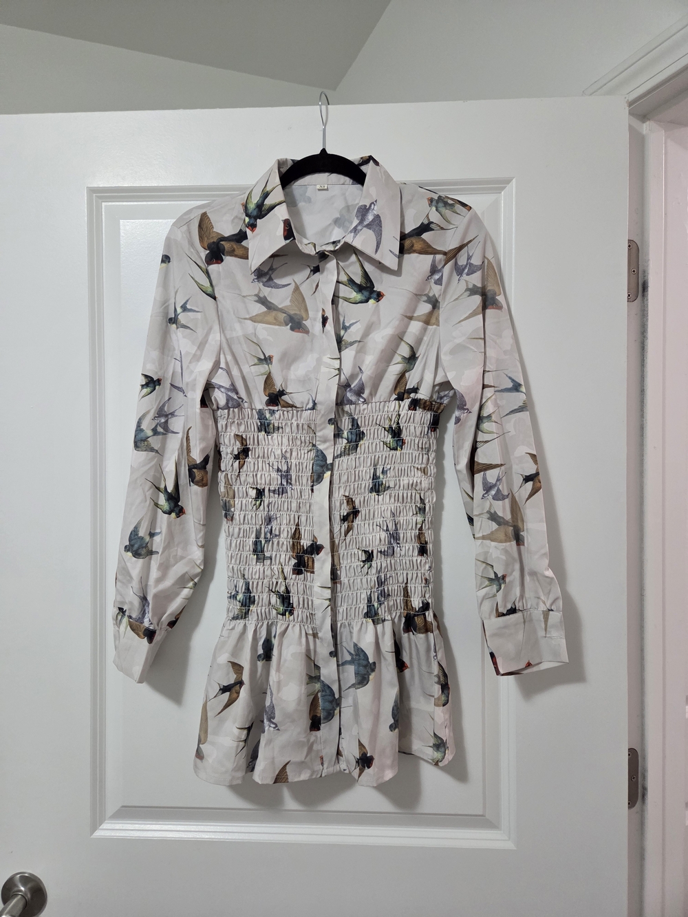 Women's Bird-Print Smocked Waist Shirt Dress - White